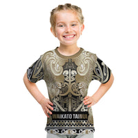 Aotearoa Iwi Waikato Tainui Kid T Shirt Maori Wharenui House Tribal Pattern LT9 Light Gold - Polynesian Pride