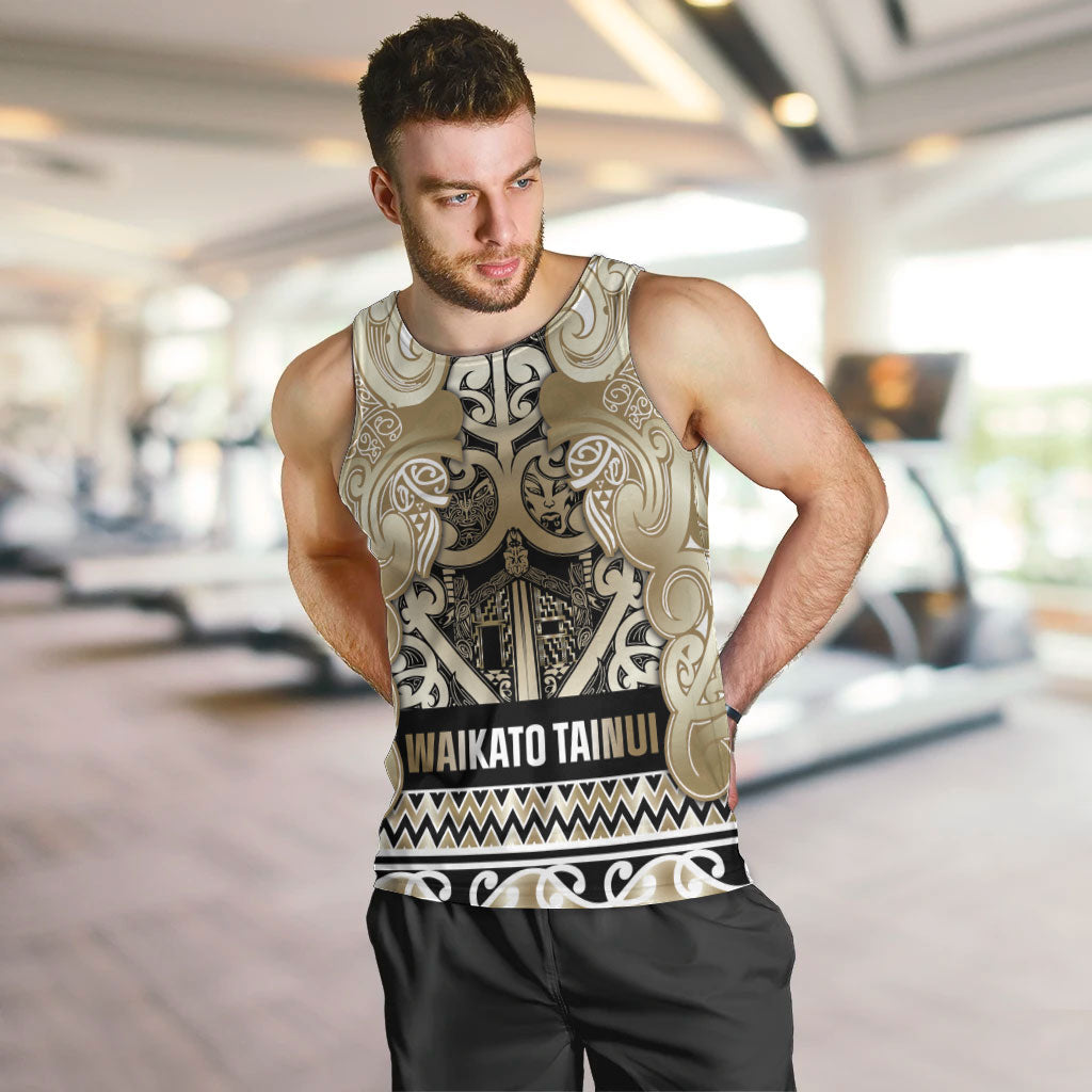 Aotearoa Iwi Waikato Tainui Men Tank Top Maori Wharenui House Tribal Pattern LT9 Light Gold - Polynesian Pride