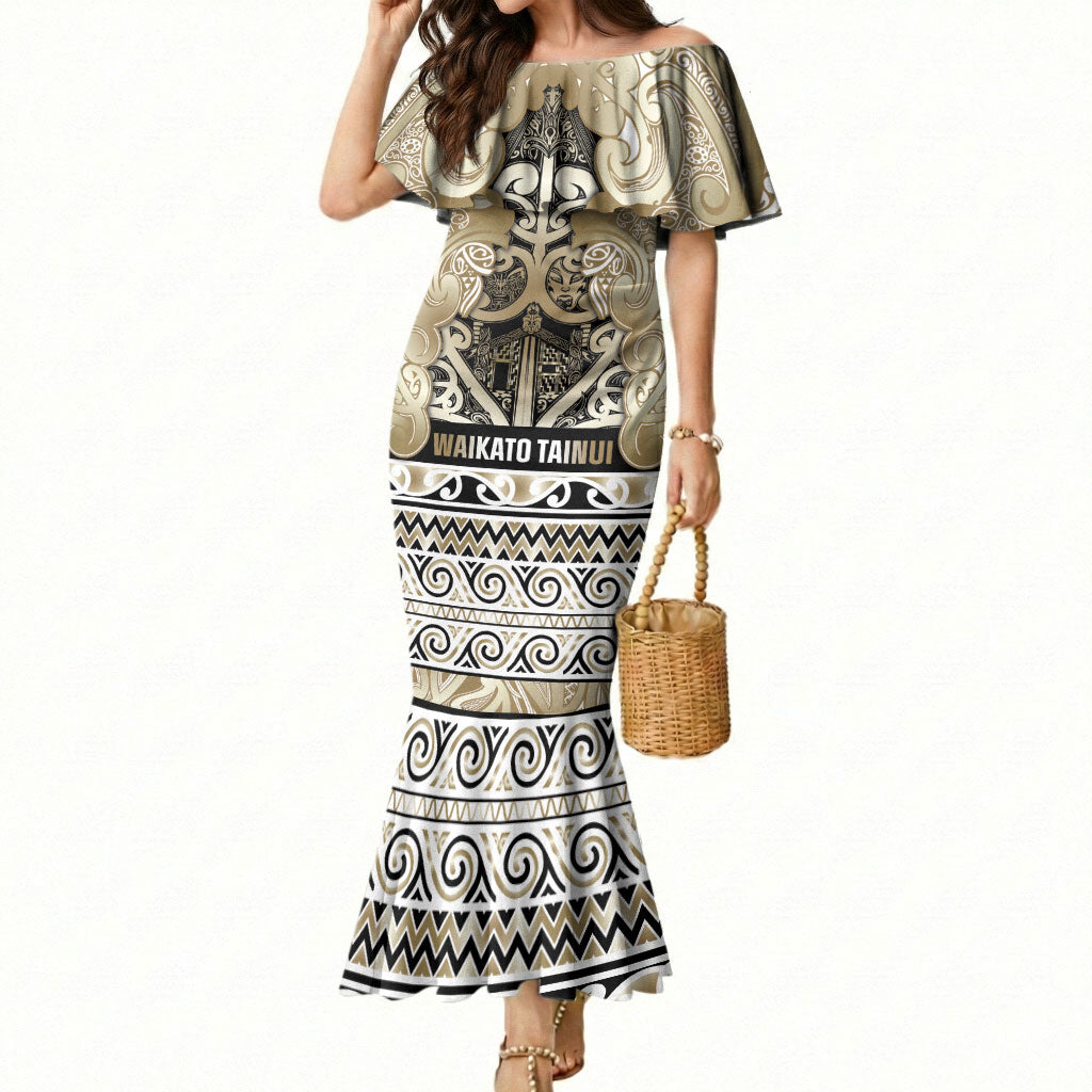 Aotearoa Iwi Waikato Tainui Mermaid Dress Maori Wharenui House Tribal Pattern LT9 Women Light Gold - Polynesian Pride