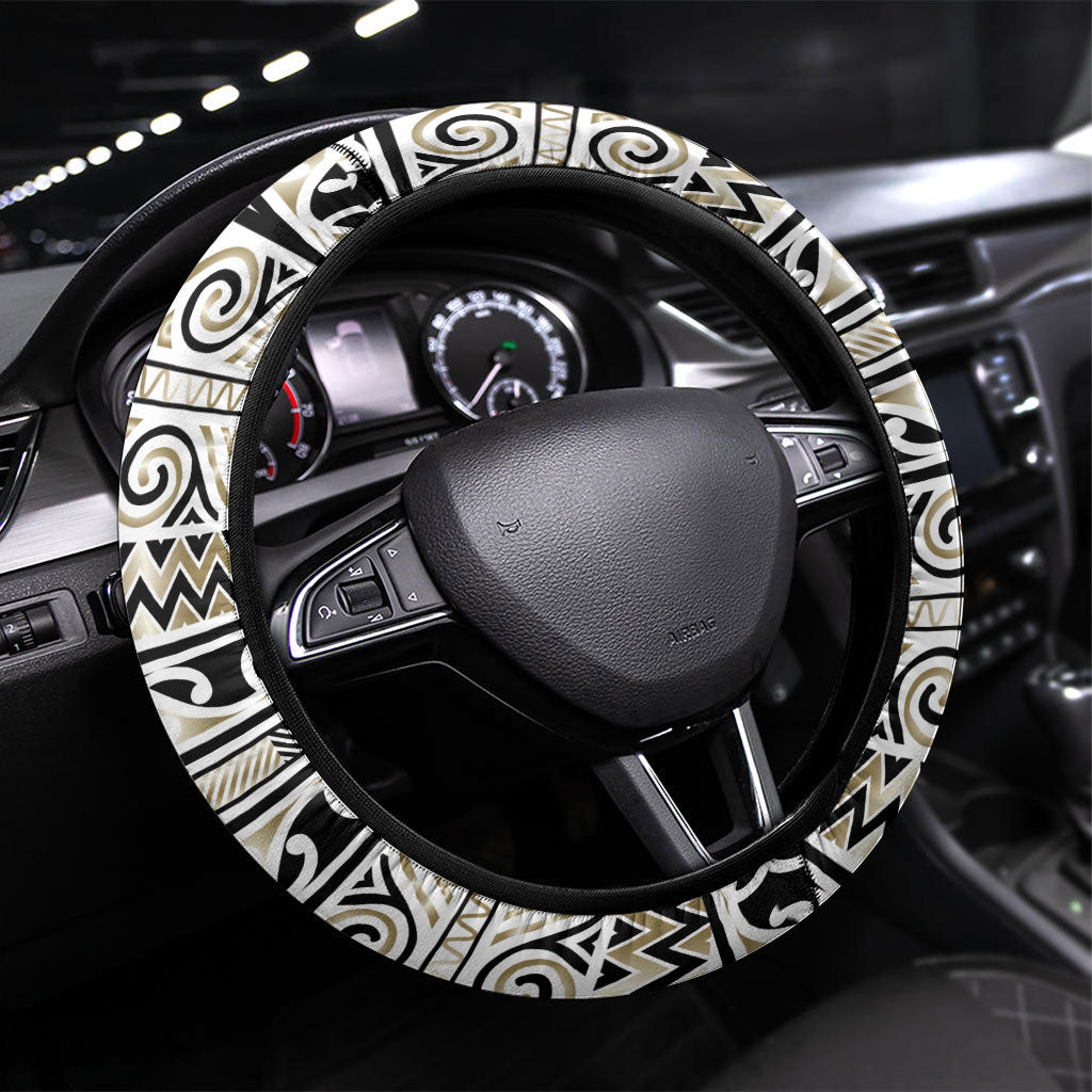 Aotearoa Iwi Waikato Tainui Steering Wheel Cover Maori Wharenui House Tribal Pattern LT9 Universal Fit Light Gold - Polynesian Pride