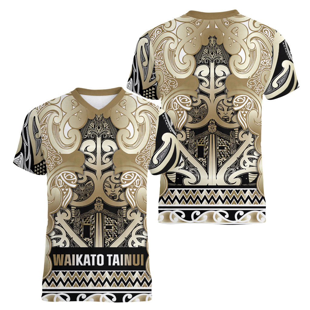 Aotearoa Iwi Waikato Tainui Women V-Neck T-Shirt Maori Wharenui House Tribal Pattern LT9 - Polynesian Pride