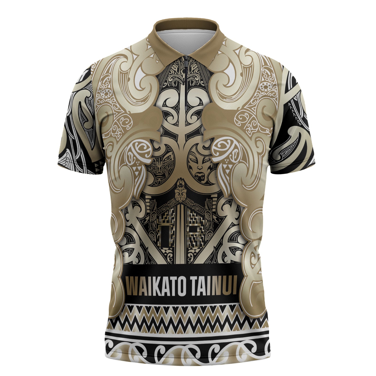 Aotearoa Iwi Waikato Tainui Zipper Polo Shirt Maori Wharenui House Tribal Pattern LT9 Light Gold - Polynesian Pride