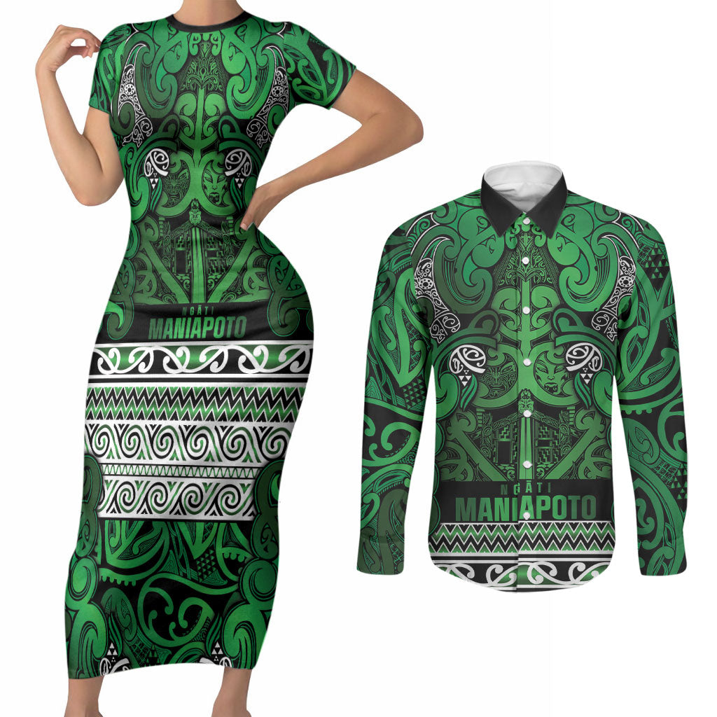 Aotearoa Iwi Ngati Maniapoto Couples Matching Short Sleeve Bodycon Dress and Long Sleeve Button Shirt Maori Wharenui House Tribal Pattern LT9 Dark green - Polynesian Pride
