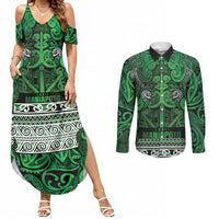 Aotearoa Iwi Ngati Maniapoto Couples Matching Summer Maxi Dress and Long Sleeve Button Shirt Maori Wharenui House Tribal Pattern LT9 Dark green - Polynesian Pride