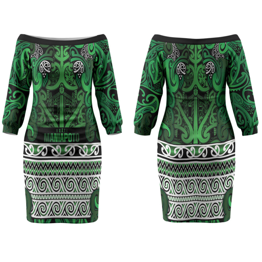 Aotearoa Iwi Ngati Maniapoto Family Matching Off The Shoulder Long Sleeve Dress and Hawaiian Shirt Maori Wharenui House Tribal Pattern LT9 Mom's Dress Dark green - Polynesian Pride