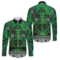 Aotearoa Iwi Ngati Maniapoto Family Matching Off The Shoulder Long Sleeve Dress and Hawaiian Shirt Maori Wharenui House Tribal Pattern LT9 Dad's Shirt - Long Sleeve Dark green - Polynesian Pride