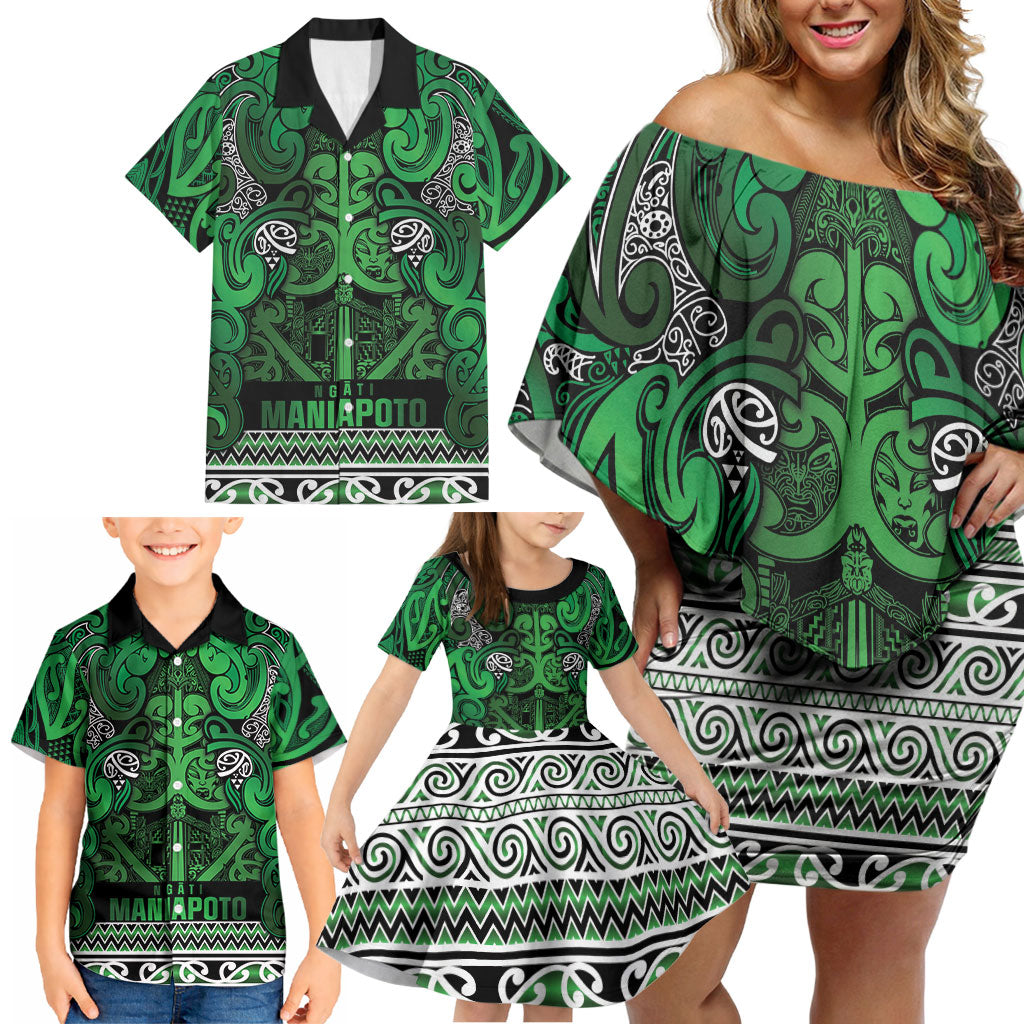 Aotearoa Iwi Ngati Maniapoto Family Matching Off Shoulder Short Dress and Hawaiian Shirt Maori Wharenui House Tribal Pattern LT9 - Polynesian Pride