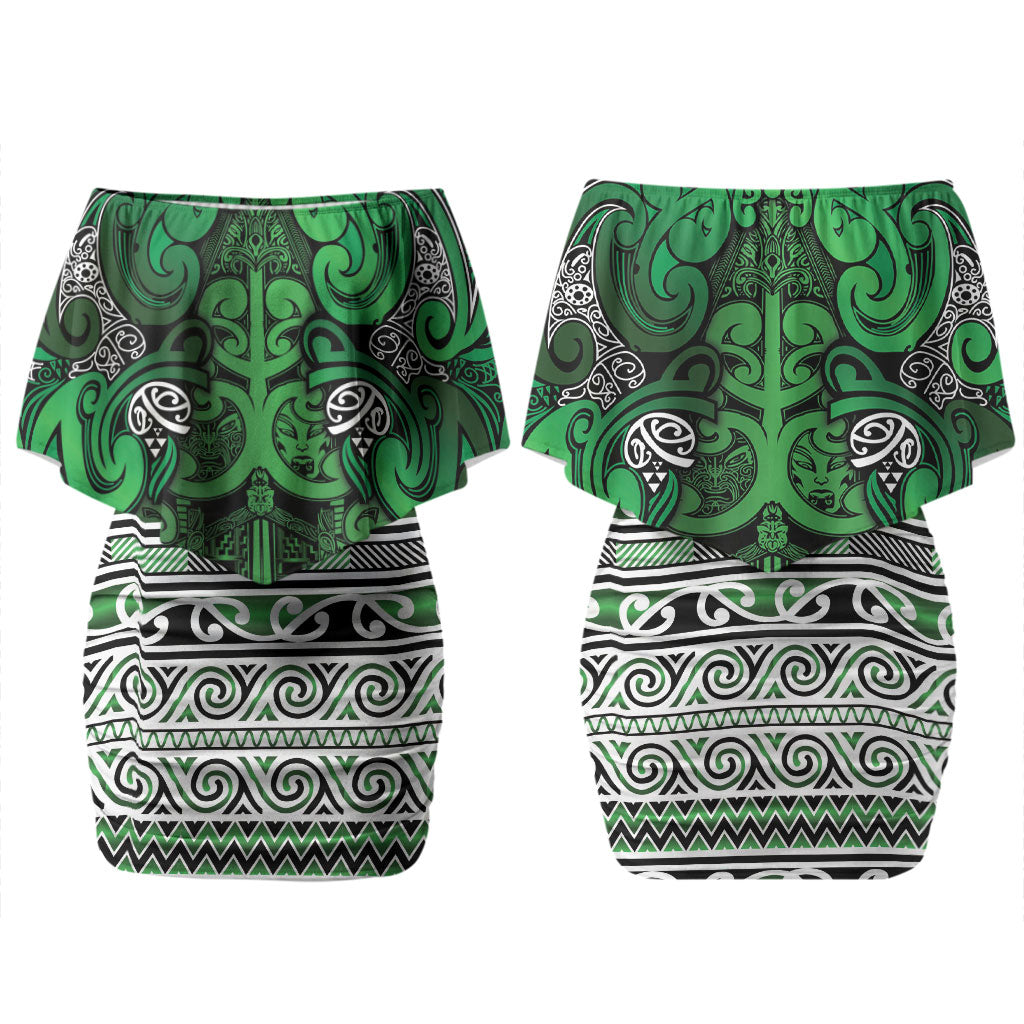 Aotearoa Iwi Ngati Maniapoto Family Matching Off Shoulder Short Dress and Hawaiian Shirt Maori Wharenui House Tribal Pattern LT9 Mom's Dress Dark green - Polynesian Pride