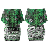 Aotearoa Iwi Ngati Maniapoto Family Matching Off Shoulder Short Dress and Hawaiian Shirt Maori Wharenui House Tribal Pattern LT9 Mom's Dress Dark green - Polynesian Pride