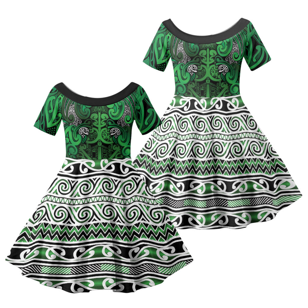 Aotearoa Iwi Ngati Maniapoto Family Matching Off Shoulder Short Dress and Hawaiian Shirt Maori Wharenui House Tribal Pattern LT9 Daughter's Dress Dark green - Polynesian Pride