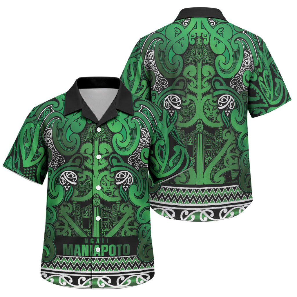 Aotearoa Iwi Ngati Maniapoto Family Matching Off Shoulder Short Dress and Hawaiian Shirt Maori Wharenui House Tribal Pattern LT9 Son's Shirt Dark green - Polynesian Pride