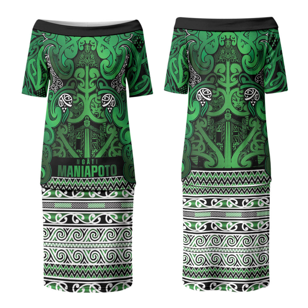 Aotearoa Iwi Ngati Maniapoto Family Matching Puletasi and Hawaiian Shirt Maori Wharenui House Tribal Pattern LT9 Mom's Dress Dark green - Polynesian Pride