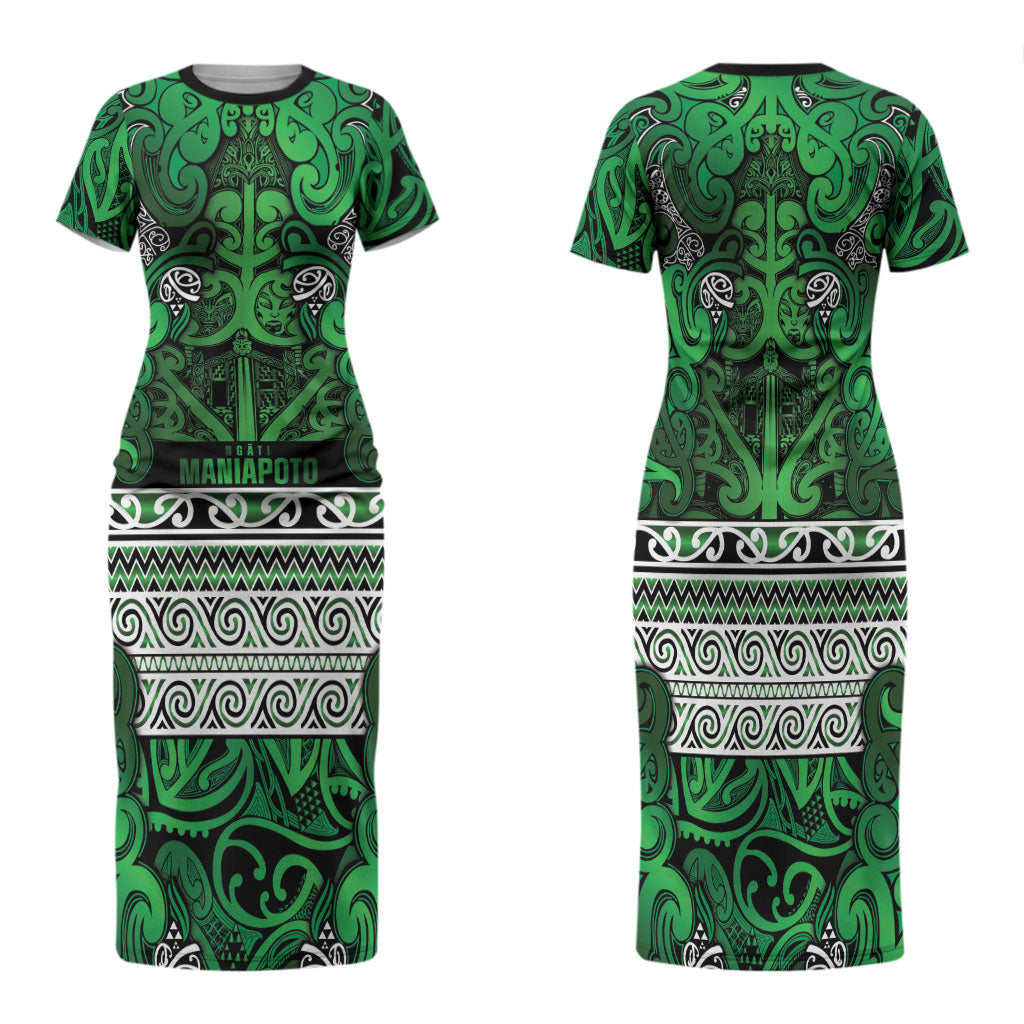 Aotearoa Iwi Ngati Maniapoto Family Matching Short Sleeve Bodycon Dress and Hawaiian Shirt Maori Wharenui House Tribal Pattern LT9 Mom's Dress Dark green - Polynesian Pride