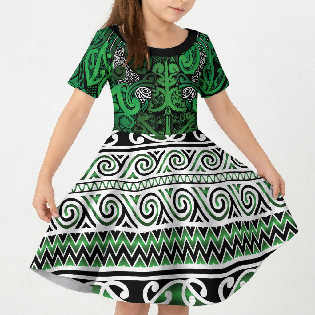 Aotearoa Iwi Ngati Maniapoto Kid Short Sleeve Dress Maori Wharenui House Tribal Pattern LT9 KID Dark green - Polynesian Pride