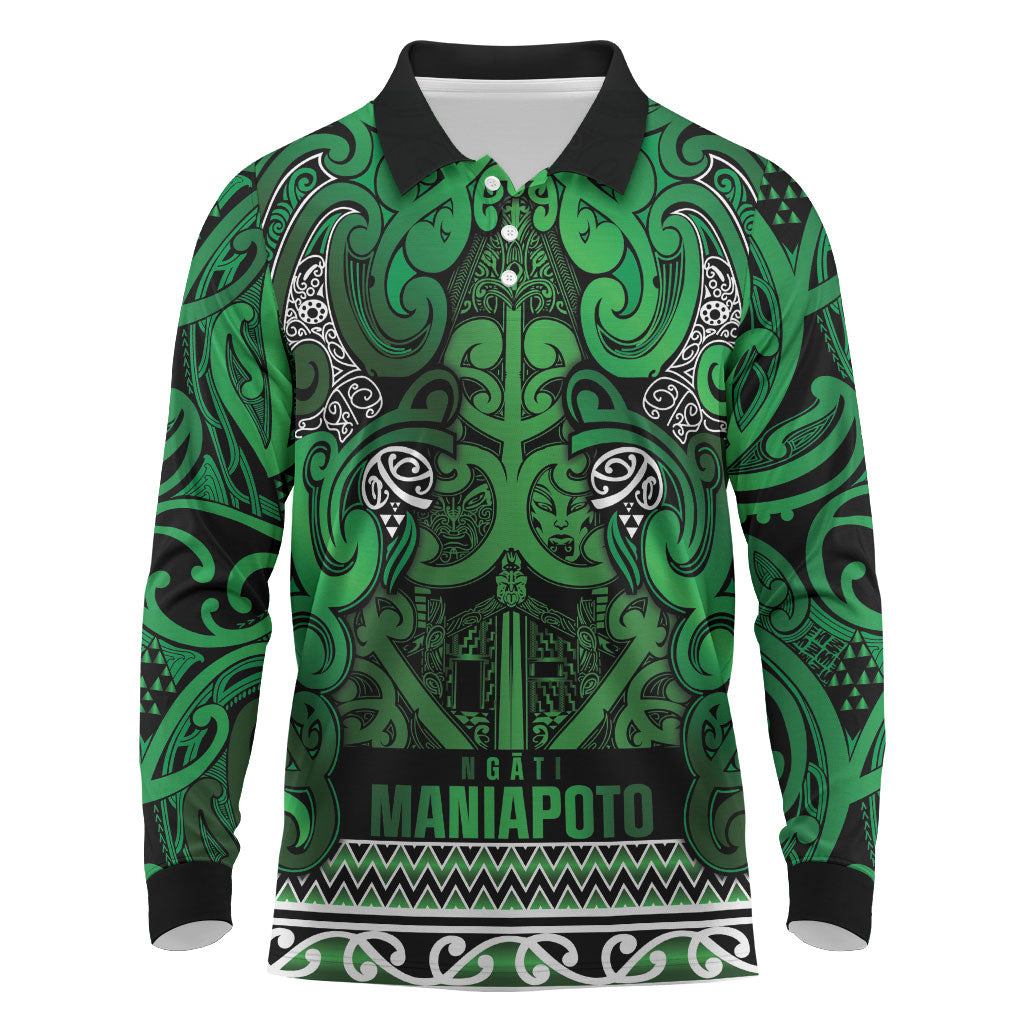 Aotearoa Iwi Ngati Maniapoto Long Sleeve Polo Shirt Maori Wharenui House Tribal Pattern LT9 Dark green - Polynesian Pride