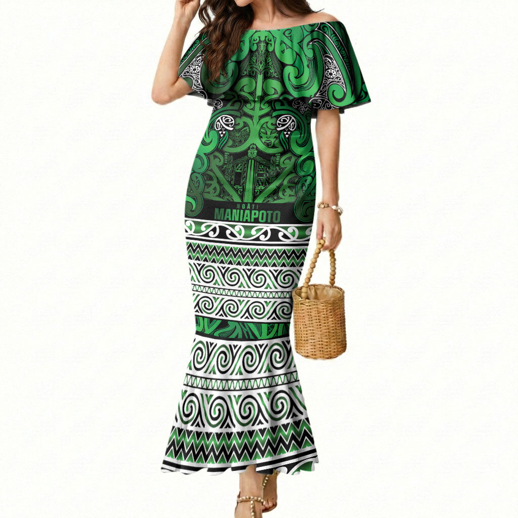 Aotearoa Iwi Ngati Maniapoto Mermaid Dress Maori Wharenui House Tribal Pattern LT9 Women Dark green - Polynesian Pride