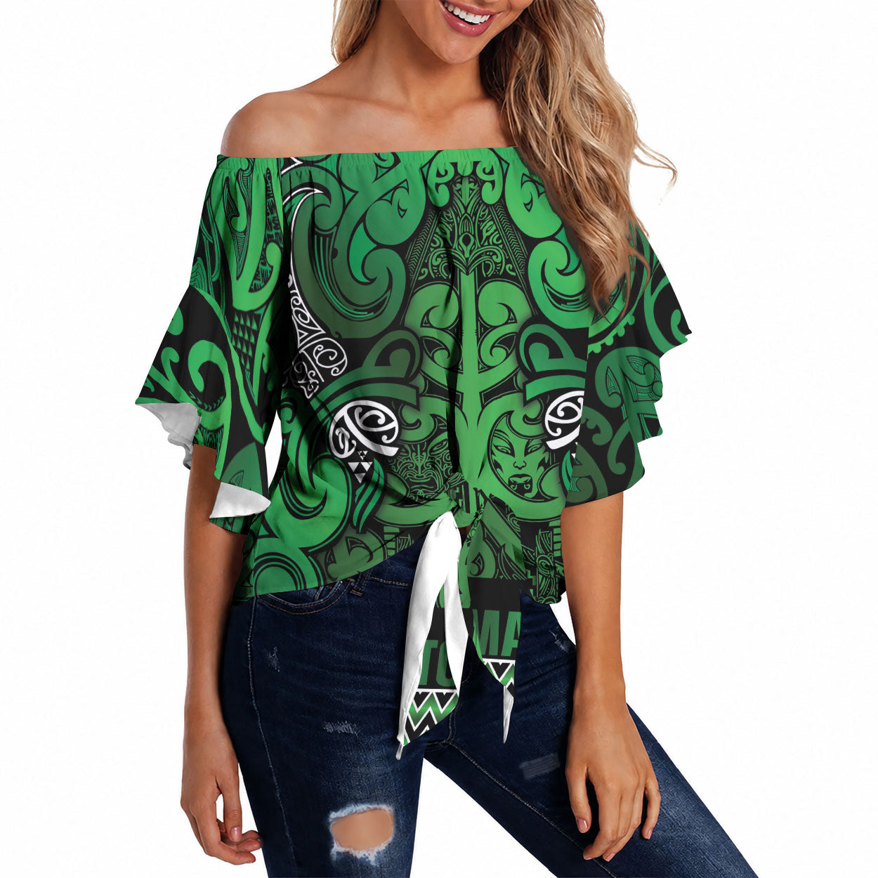 Aotearoa Iwi Ngati Maniapoto Off Shoulder Wrap Waist Top Maori Wharenui House Tribal Pattern LT9 Dark green - Polynesian Pride