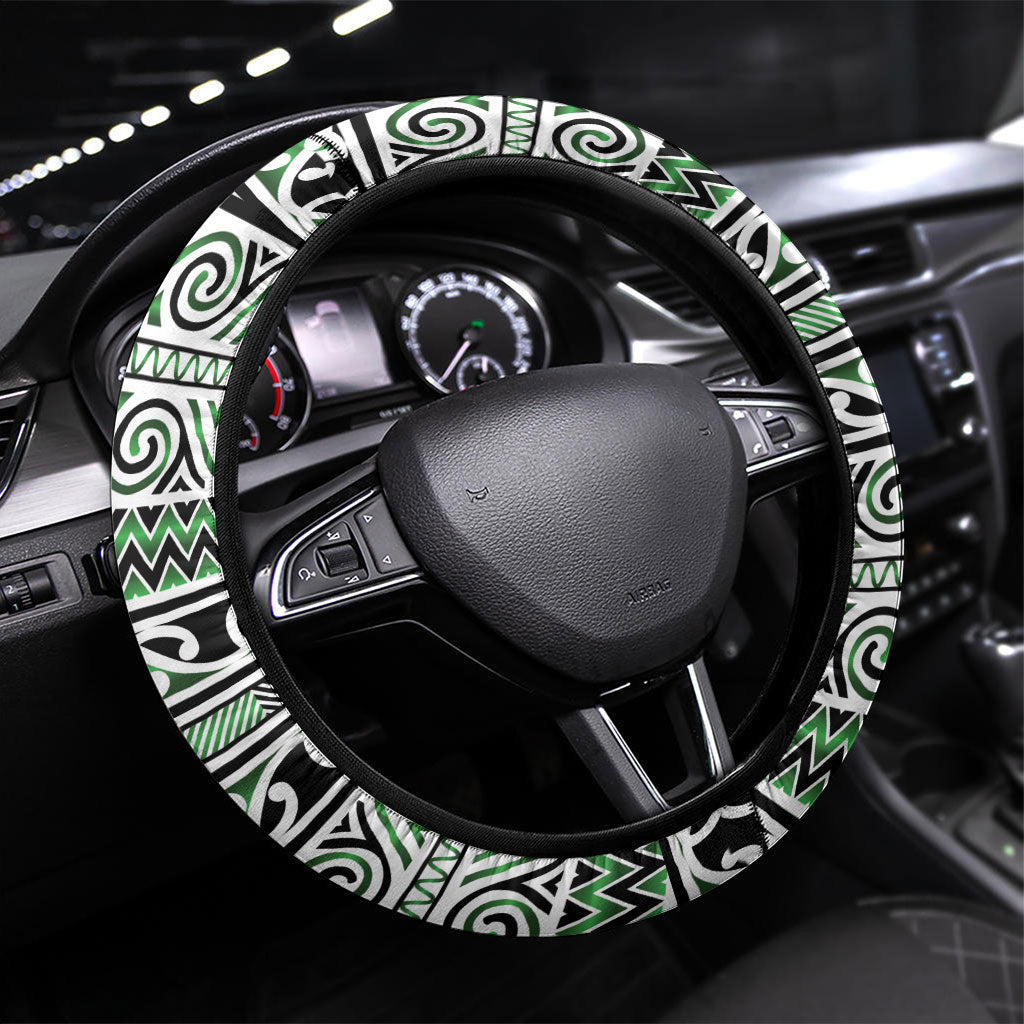 Aotearoa Iwi Ngati Maniapoto Steering Wheel Cover Maori Wharenui House Tribal Pattern LT9 Universal Fit Dark green - Polynesian Pride