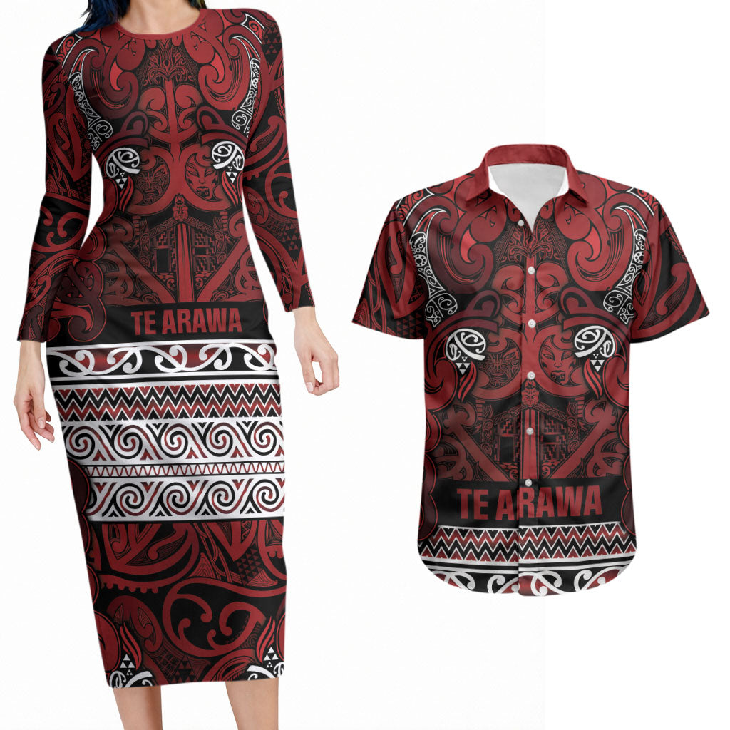 Aotearoa Iwi Te Arawa Couples Matching Long Sleeve Bodycon Dress and Hawaiian Shirt Maori Wharenui House Tribal Pattern LT9 Dark Red - Polynesian Pride