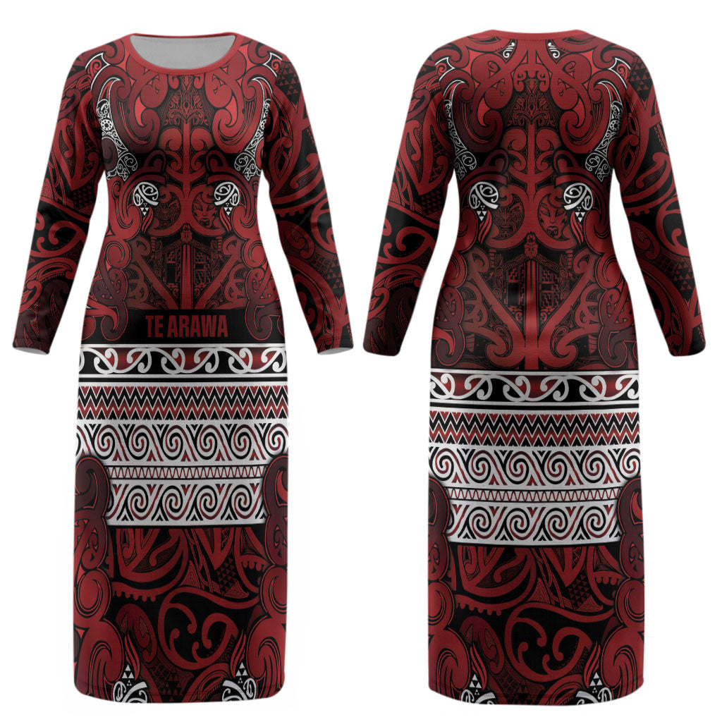 Aotearoa Iwi Te Arawa Couples Matching Long Sleeve Bodycon Dress and Hawaiian Shirt Maori Wharenui House Tribal Pattern LT9 - Polynesian Pride