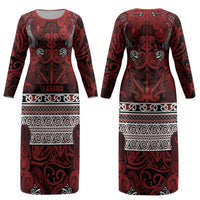 Aotearoa Iwi Te Arawa Couples Matching Long Sleeve Bodycon Dress and Long Sleeve Button Shirt Maori Wharenui House Tribal Pattern LT9 - Polynesian Pride