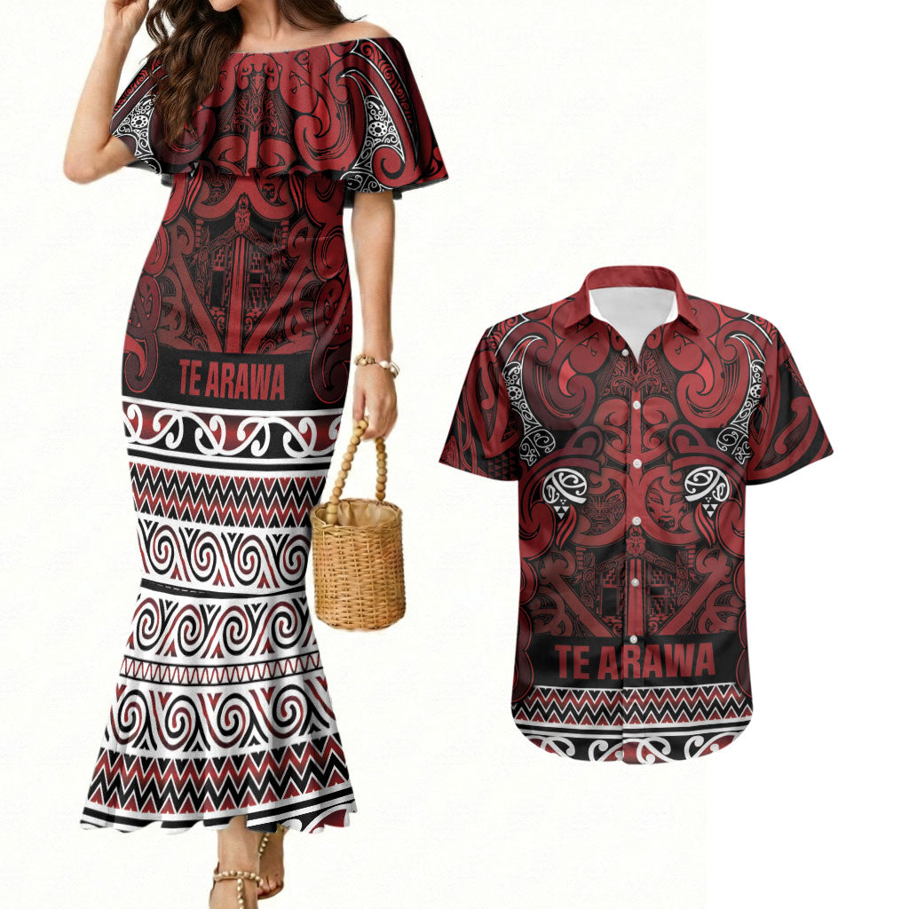 Aotearoa Iwi Te Arawa Couples Matching Mermaid Dress and Hawaiian Shirt Maori Wharenui House Tribal Pattern LT9 Dark Red - Polynesian Pride