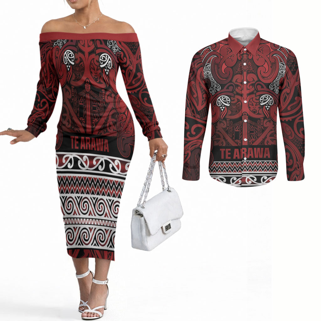 Aotearoa Iwi Te Arawa Couples Matching Off The Shoulder Long Sleeve Dress and Long Sleeve Button Shirt Maori Wharenui House Tribal Pattern LT9 Dark Red - Polynesian Pride