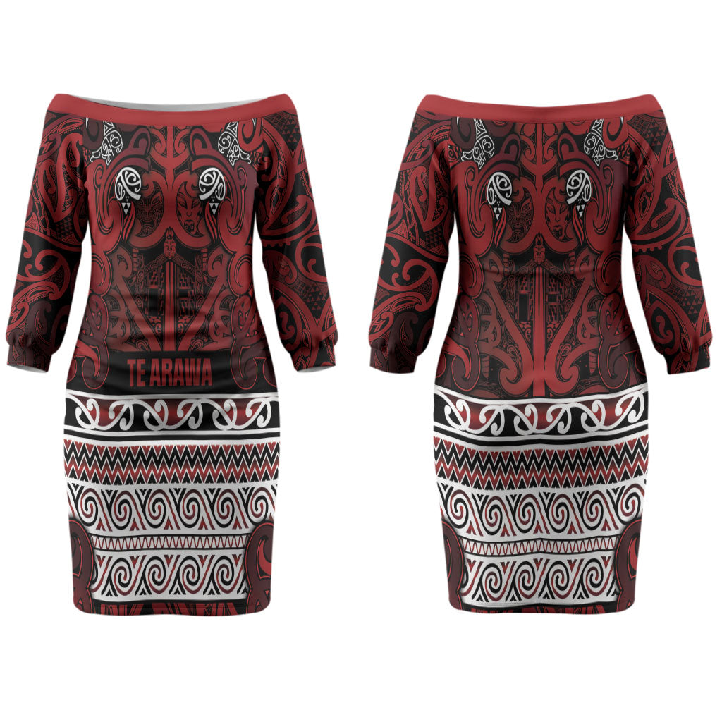 Aotearoa Iwi Te Arawa Couples Matching Off The Shoulder Long Sleeve Dress and Long Sleeve Button Shirt Maori Wharenui House Tribal Pattern LT9 - Polynesian Pride