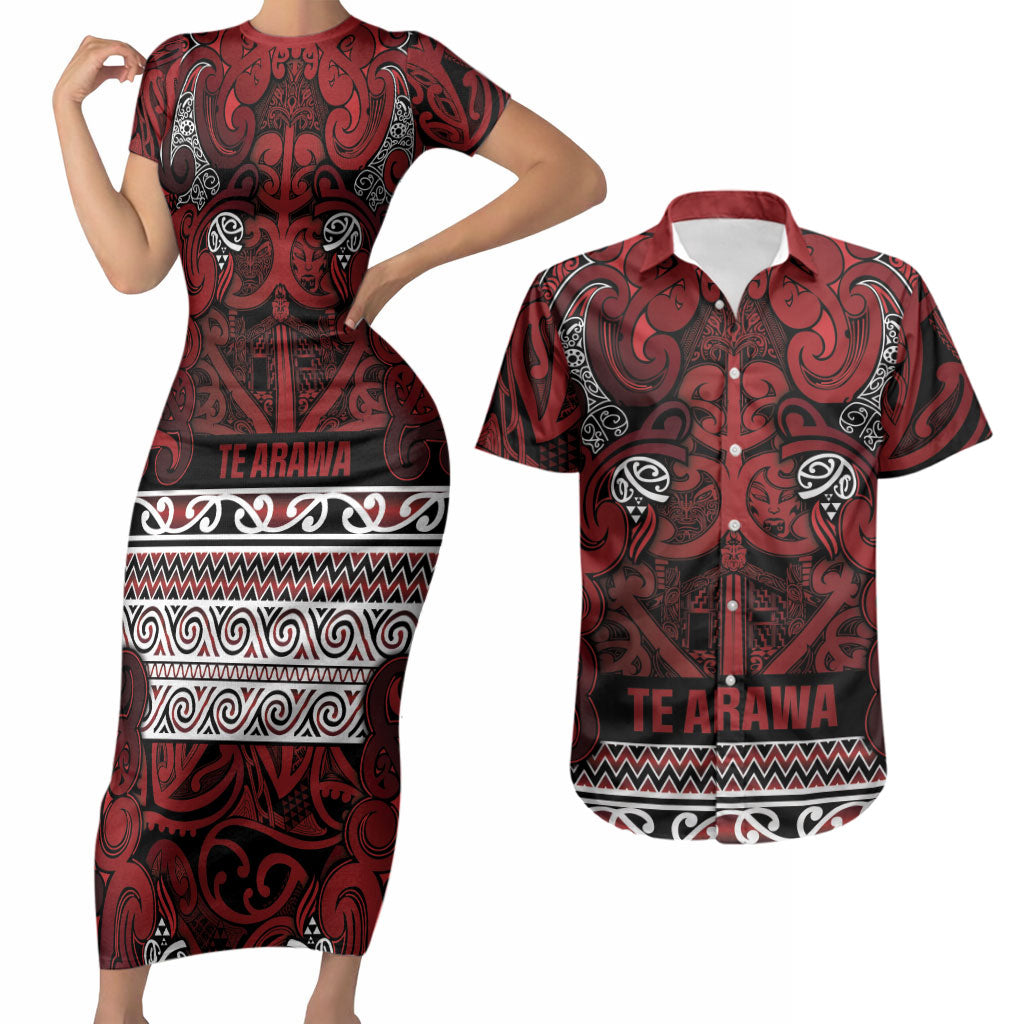 Aotearoa Iwi Te Arawa Couples Matching Short Sleeve Bodycon Dress and Hawaiian Shirt Maori Wharenui House Tribal Pattern LT9 Dark Red - Polynesian Pride