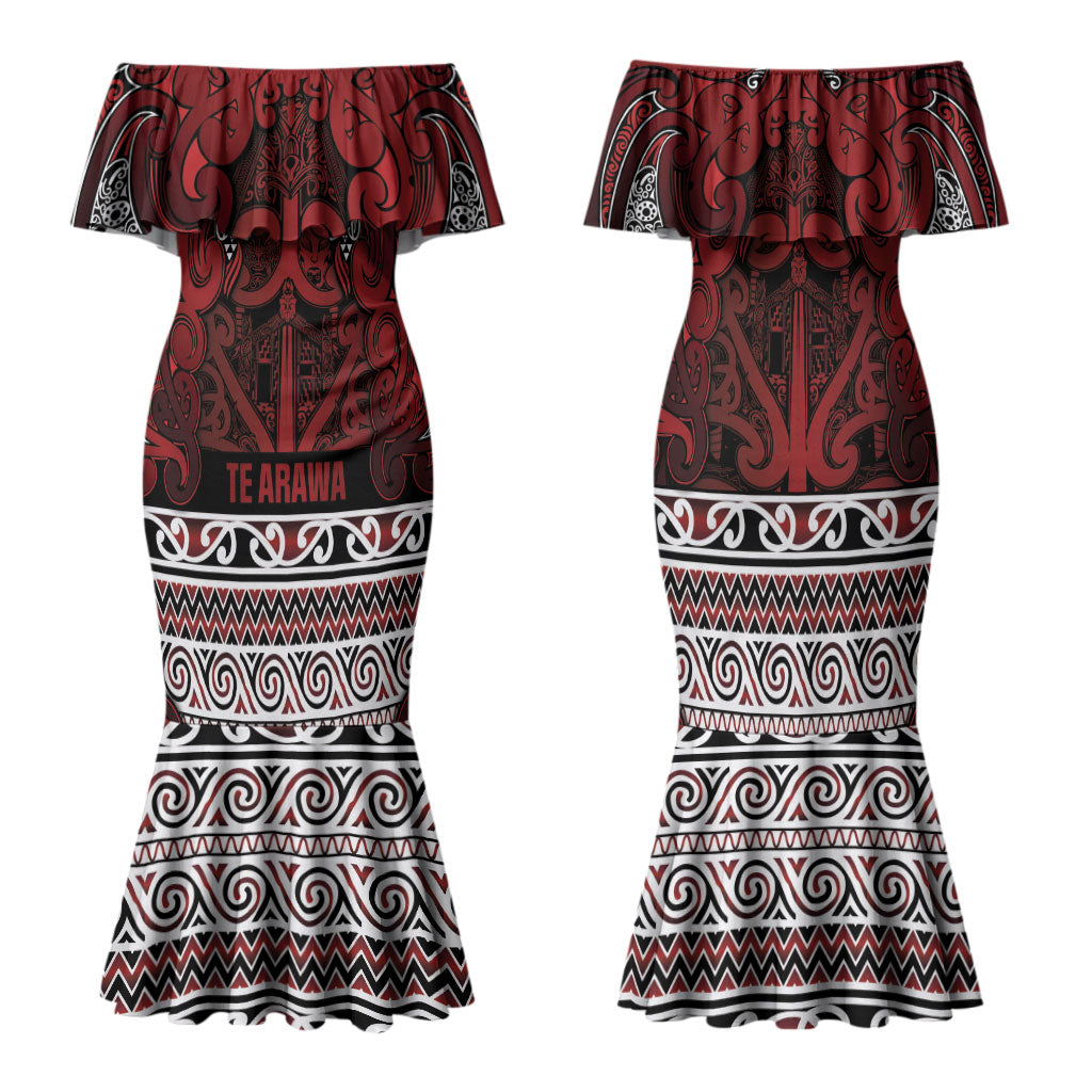 Aotearoa Iwi Te Arawa Family Matching Mermaid Dress and Hawaiian Shirt Maori Wharenui House Tribal Pattern LT9 Mom's Dress Dark Red - Polynesian Pride