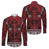 Aotearoa Iwi Te Arawa Family Matching Mermaid Dress and Hawaiian Shirt Maori Wharenui House Tribal Pattern LT9 Dad's Shirt - Long Sleeve Dark Red - Polynesian Pride
