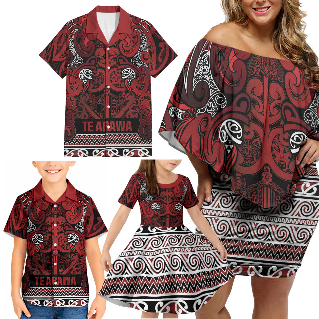 Aotearoa Iwi Te Arawa Family Matching Off Shoulder Short Dress and Hawaiian Shirt Maori Wharenui House Tribal Pattern LT9 - Polynesian Pride