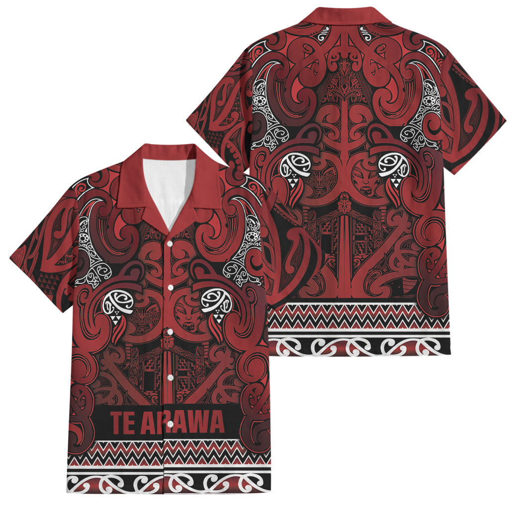 Aotearoa Iwi Te Arawa Family Matching Puletasi and Hawaiian Shirt Maori Wharenui House Tribal Pattern LT9 Dad's Shirt - Short Sleeve Dark Red - Polynesian Pride
