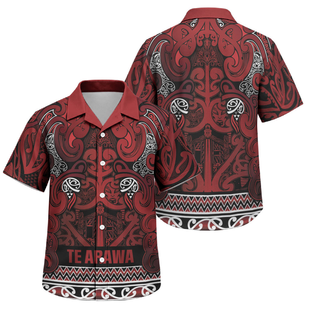 Aotearoa Iwi Te Arawa Family Matching Puletasi and Hawaiian Shirt Maori Wharenui House Tribal Pattern LT9 Son's Shirt Dark Red - Polynesian Pride