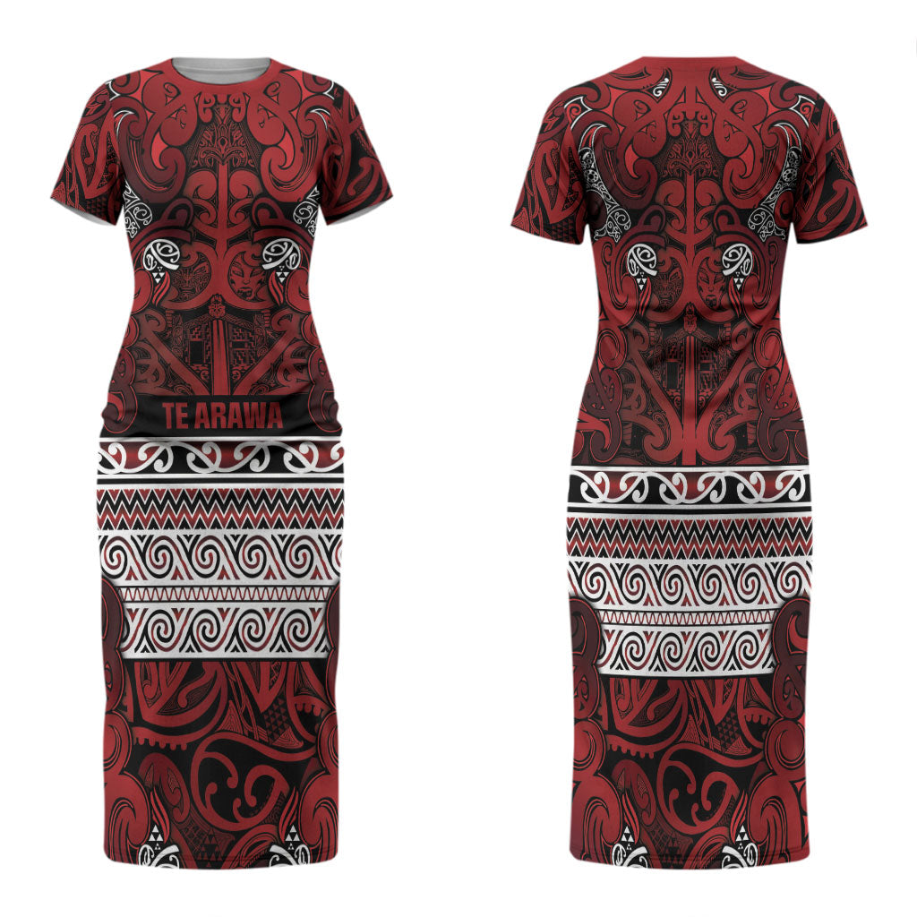 Aotearoa Iwi Te Arawa Family Matching Short Sleeve Bodycon Dress and Hawaiian Shirt Maori Wharenui House Tribal Pattern LT9 Mom's Dress Dark Red - Polynesian Pride