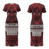 Aotearoa Iwi Te Arawa Family Matching Short Sleeve Bodycon Dress and Hawaiian Shirt Maori Wharenui House Tribal Pattern LT9 Mom's Dress Dark Red - Polynesian Pride