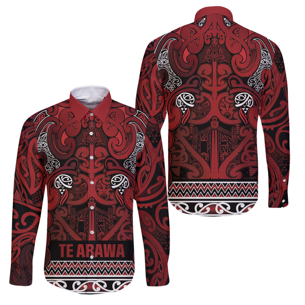 Aotearoa Iwi Te Arawa Family Matching Short Sleeve Bodycon Dress and Hawaiian Shirt Maori Wharenui House Tribal Pattern LT9 Dad's Shirt - Long Sleeve Dark Red - Polynesian Pride