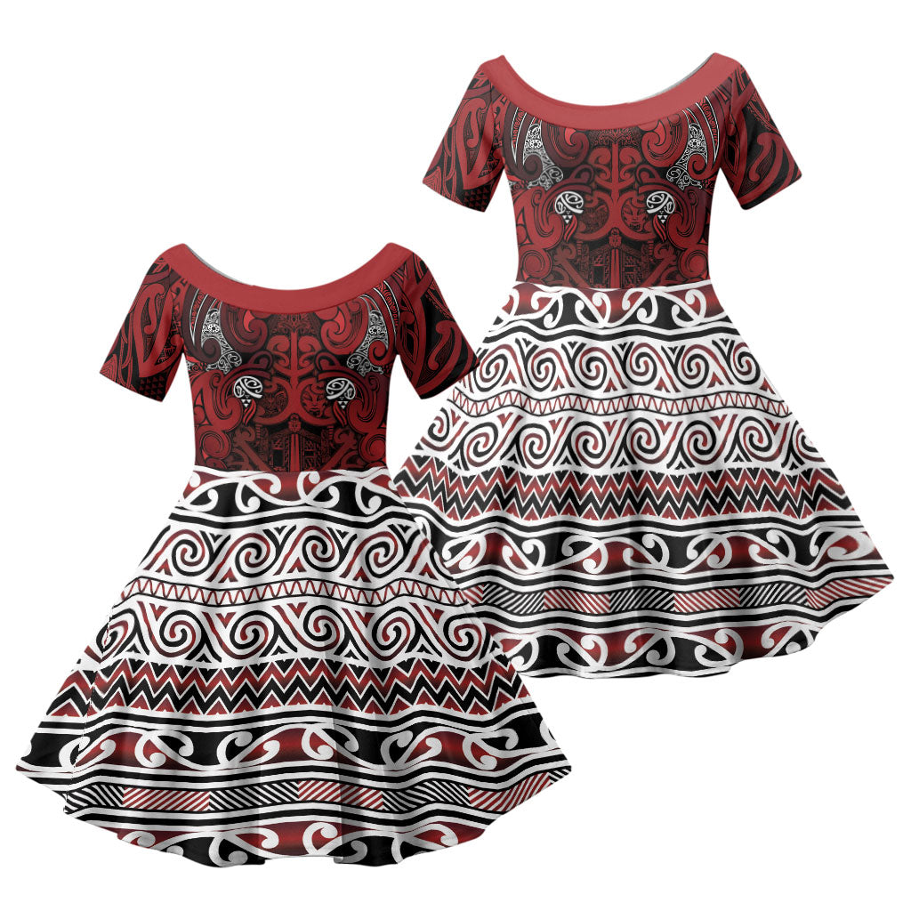 Aotearoa Iwi Te Arawa Family Matching Short Sleeve Bodycon Dress and Hawaiian Shirt Maori Wharenui House Tribal Pattern LT9 Daughter's Dress Dark Red - Polynesian Pride