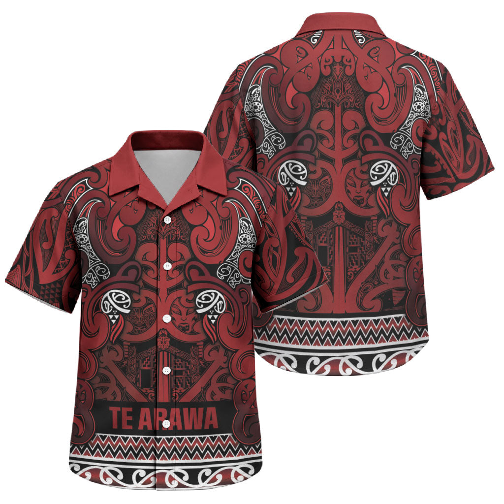 Aotearoa Iwi Te Arawa Family Matching Short Sleeve Bodycon Dress and Hawaiian Shirt Maori Wharenui House Tribal Pattern LT9 Son's Shirt Dark Red - Polynesian Pride