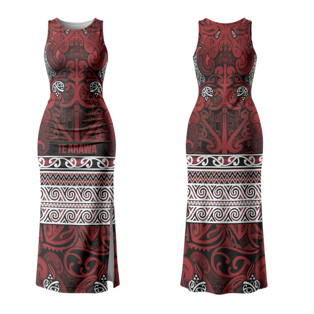 Aotearoa Iwi Te Arawa Family Matching Tank Maxi Dress and Hawaiian Shirt Maori Wharenui House Tribal Pattern LT9 Mom's Dress Dark Red - Polynesian Pride