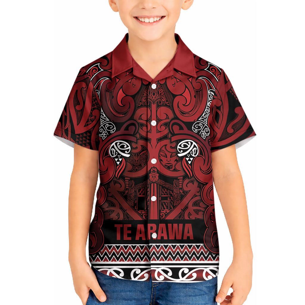 Aotearoa Iwi Te Arawa Kid Hawaiian Shirt Maori Wharenui House Tribal Pattern LT9 Kid Dark Red - Polynesian Pride