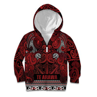 Aotearoa Iwi Te Arawa Kid Hoodie Maori Wharenui House Tribal Pattern LT9 Zip Hoodie Dark Red - Polynesian Pride