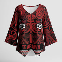 Aotearoa Iwi Te Arawa Kimono Sleeve Blouse Maori Wharenui House Tribal Pattern LT9 Female Dark Red - Polynesian Pride