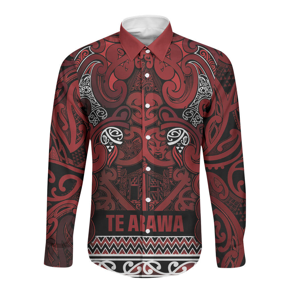 Aotearoa Iwi Te Arawa Long Sleeve Button Shirt Maori Wharenui House Tribal Pattern LT9 Unisex Dark Red - Polynesian Pride