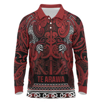 Aotearoa Iwi Te Arawa Long Sleeve Polo Shirt Maori Wharenui House Tribal Pattern LT9 Dark Red - Polynesian Pride