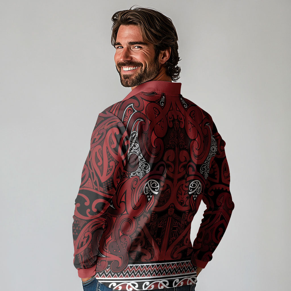 Aotearoa Iwi Te Arawa Long Sleeve Polo Shirt Maori Wharenui House Tribal Pattern LT9 - Polynesian Pride
