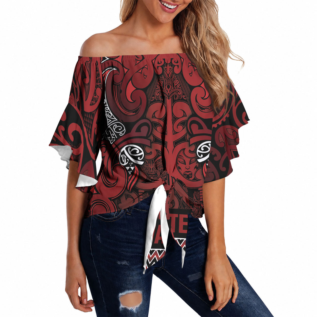 Aotearoa Iwi Te Arawa Off Shoulder Wrap Waist Top Maori Wharenui House Tribal Pattern LT9 Dark Red - Polynesian Pride