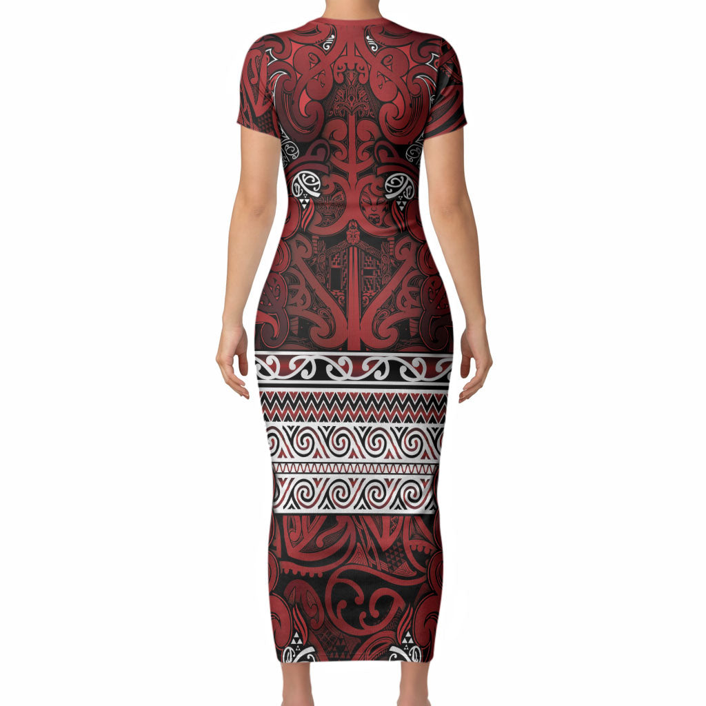 Aotearoa Iwi Te Arawa Short Sleeve Bodycon Dress Maori Wharenui House Tribal Pattern LT9 - Polynesian Pride