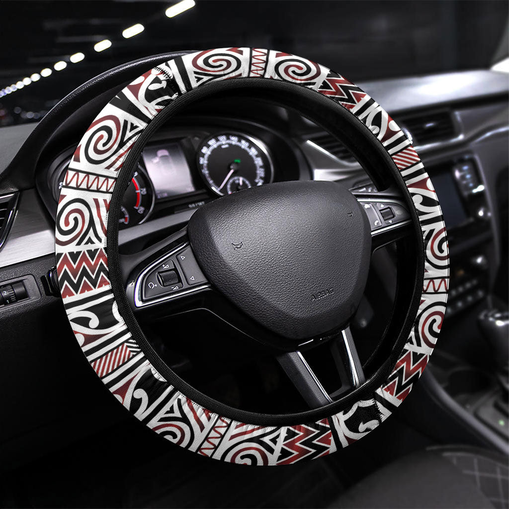 Aotearoa Iwi Te Arawa Steering Wheel Cover Maori Wharenui House Tribal Pattern LT9 Universal Fit Dark Red - Polynesian Pride