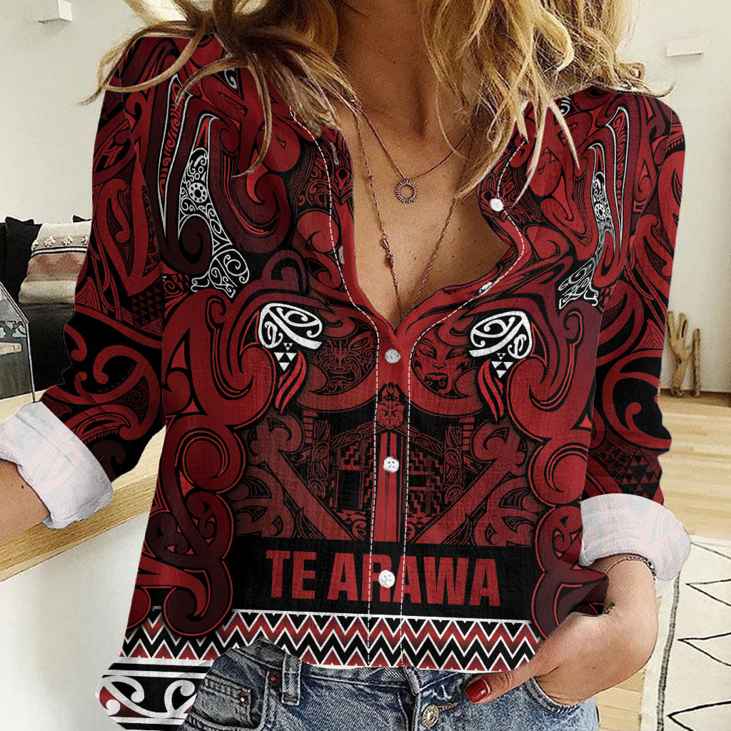 Aotearoa Iwi Te Arawa Women Casual Shirt Maori Wharenui House Tribal Pattern LT9 Female Dark Red - Polynesian Pride
